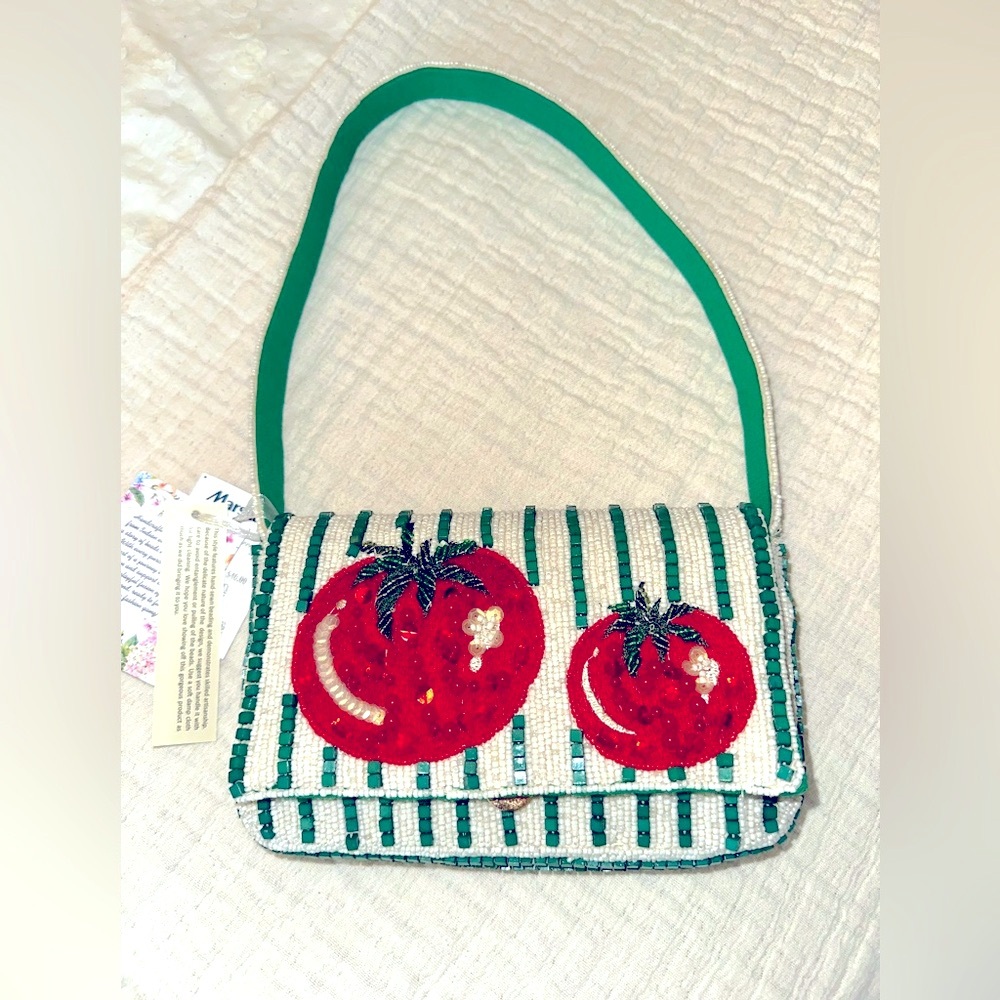 Green and Red Beaded Tomato Shoulder Bag